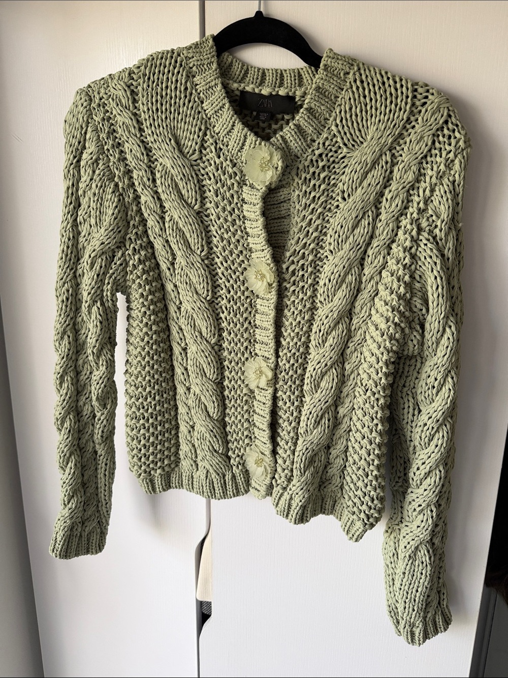 Zara Light Sage Green Cable Knit Cardigan with Floral Buttons